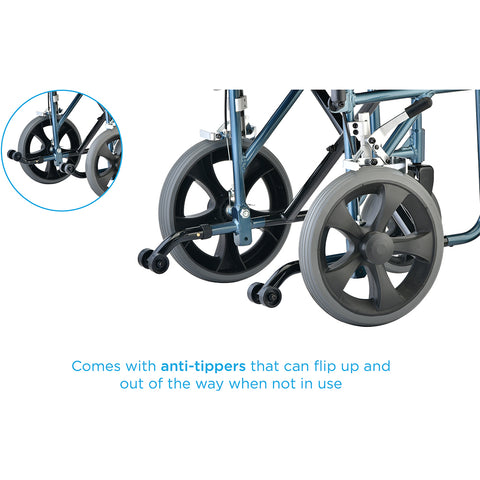 Heavy Duty Transport Chair with 12" Wheels, Hand Brakes, Removable Arms - 22" Extra Wide with Swing Away