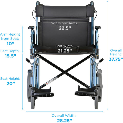 Heavy Duty Transport Chair with 12" Wheels, Hand Brakes, Removable Arms - 22" Extra Wide with Swing Away