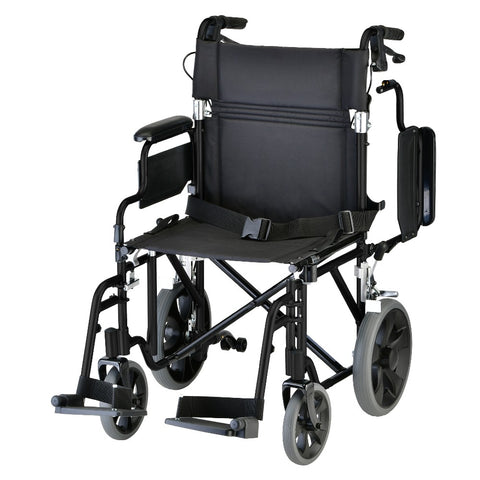 Lightweight Transport Chair with 12" Rear Wheels, Hand Breaks, Removeable Arms- 19" with Swing Away Foot