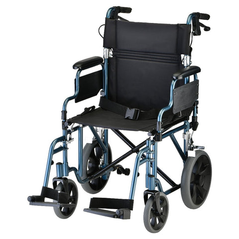 Lightweight Transport Chair with 12" Rear Wheels, Hand Breaks, Removeable Arms- 19" with Swing Away Foot