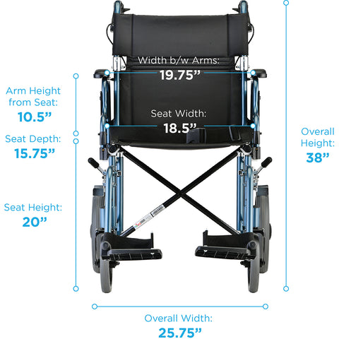 Lightweight Transport Chair with 12" Rear Wheels, Hand Breaks, Removeable Arms- 19" with Swing Away Foot