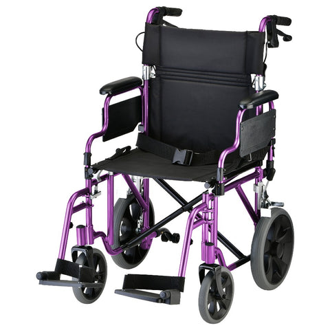 Lightweight Transport Chair with 12" Rear Wheels, Hand Breaks, Removeable Arms- 19" with Swing Away Foot