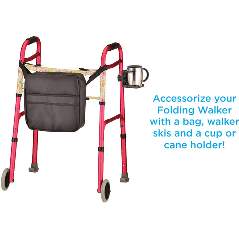 Folding Walker With 5" Wheels- Pink With Floral Print