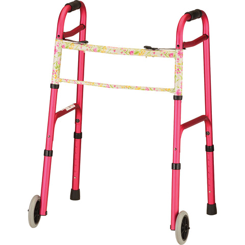 Folding Walker With 5" Wheels- Pink With Floral Print