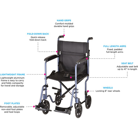 Heavy Duty Transport Chair with 12" Wheels, Hand Brakes, Removable Arms - 22" Extra Wide with Swing Away